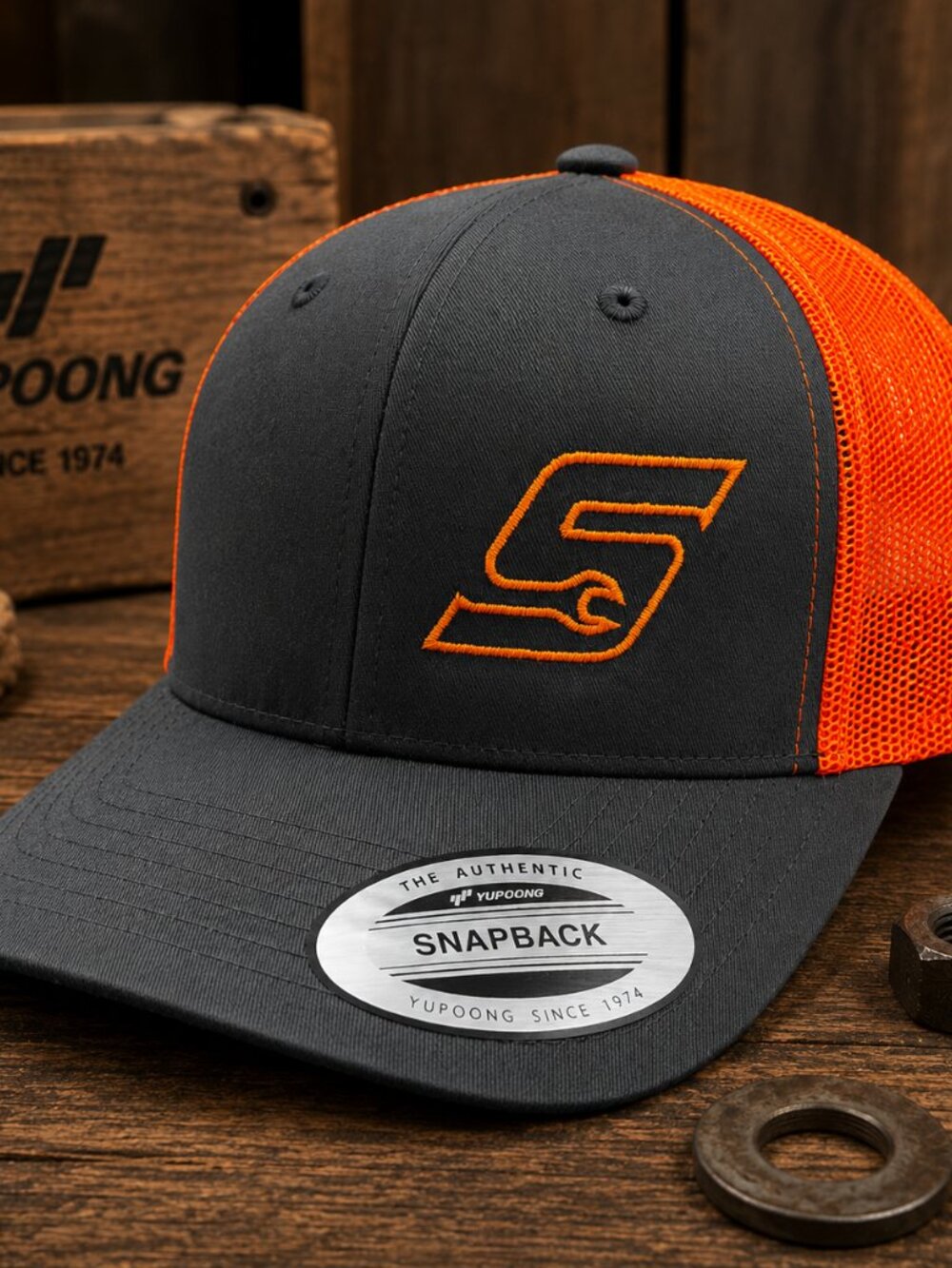 Snap On Yupoong Trucker Mesh Snapback Hat Cap Gray Neon Orange